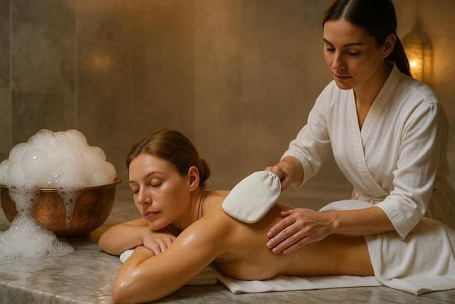 Массаж с мыльным мешком рукавицей Кесе